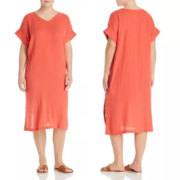 open lace back dress EILEEN FISHER LINEN MIDI DRESS XLARGE